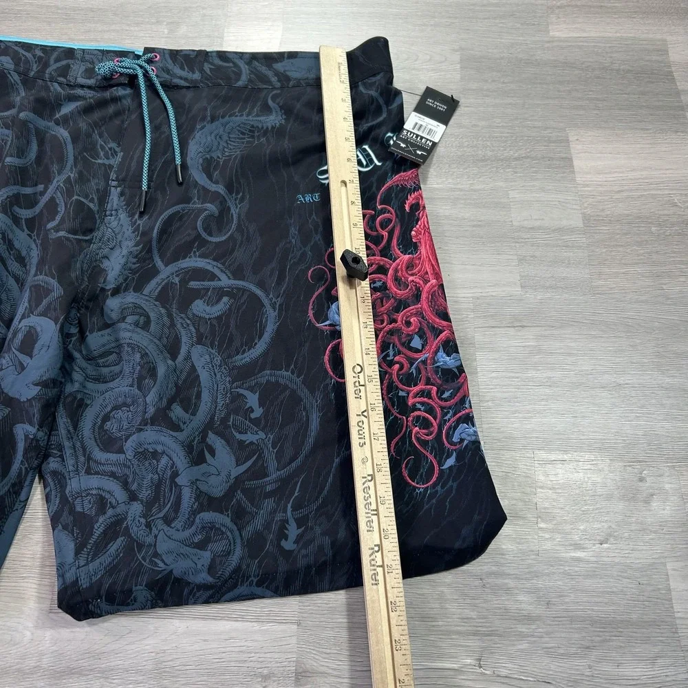 NEW Sullen Kraken Boardshorts Mens 40 Black Nautical Skull Print Swim Trunks
